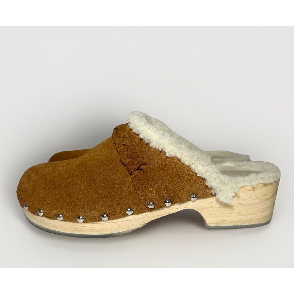 PILCRO Anthropologie Women's 10 Tan Suede Studded Faux Shearling Wooden Clogs